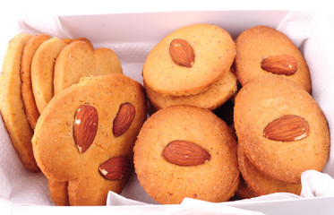 Homemade almond cookies in a box. Christmas baking.
