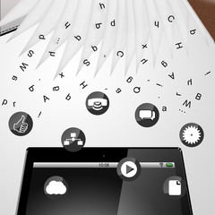 Icons and letters  fly over the tablet and book