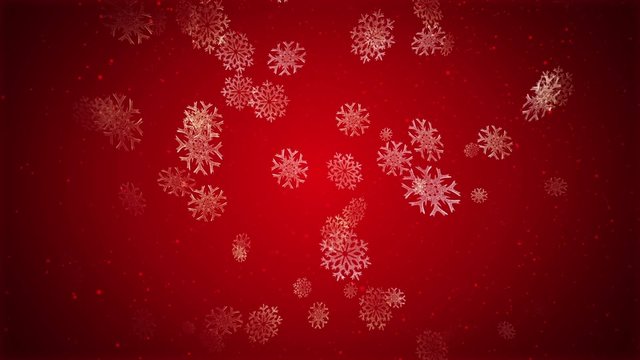 Large snowflakes are falling against a red background