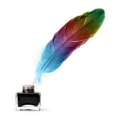 Feather pen abstract colors in the ink pot
