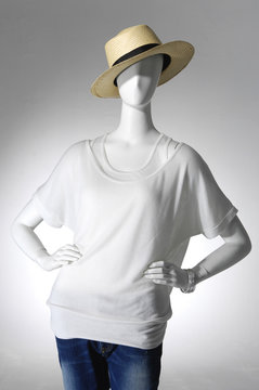 Fashion female clothing in hat on mannequin in light background