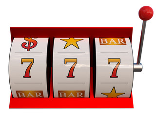 3d illustration of slot machine with dollars jackpot