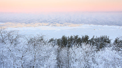 Steaming sea at cold winter morning