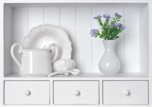 White Shelf With Vintage Porcelain Tableware