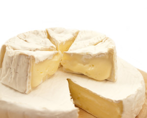 Circle brie and camembert cheese on wooden desk