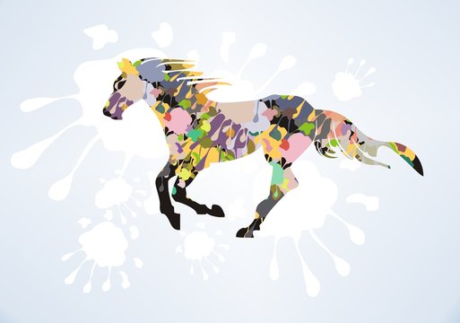 Vector decorative horse with splashes on a blue background