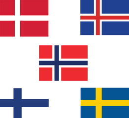Scandinavian flags. Collection of Norway, Sweden, Finland, Denmark and Iceland national flag. 