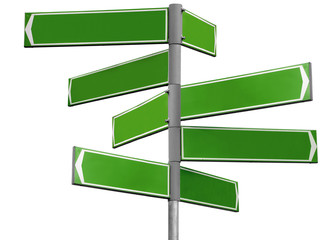 Blank green direction sign with 8 arrows isolated on white