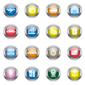 Travel icons in color glossy circles