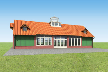 Rendering of a barn house with a turret