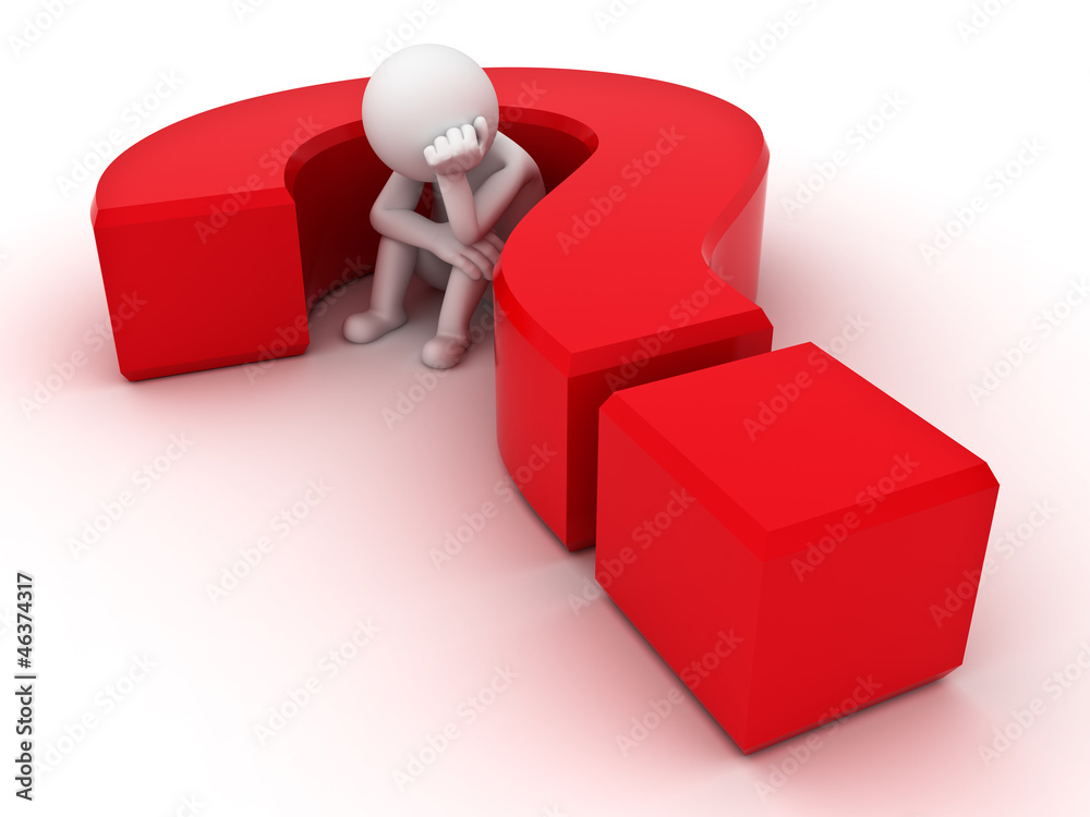 Poster 3d man sitting in red question mark over white background