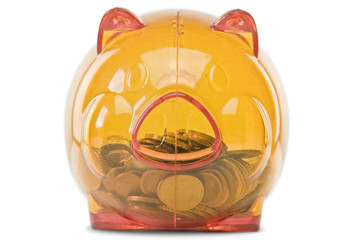 orange translucent piggy bank on pure white background