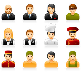 Hotel and restaurant staff glossy icon set