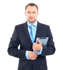 Businessman standing on white background with electronic tablet