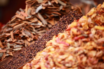 Traditional spices and dry fruits in local bazaar in India.