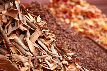 Traditional spices and dry fruits in local bazaar in India.