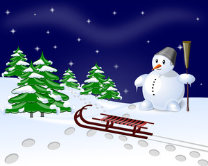 Snow Man and meadow at night