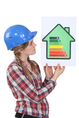 Woman holding energy-rating poster