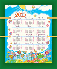 Calendar for 2013. The week starts with Sunday. Sunny day