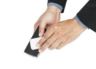 business man holding smartphone as NFC - Near field communicatio