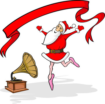 dancing santa claus, gramophone and banner