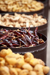 Traditional spices and dry fruits in local bazaar in India.