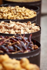 Traditional spices and dry fruits in local bazaar in India.