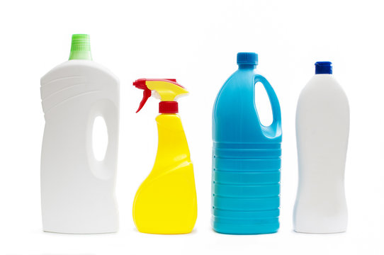 Plastic containers of cleaning products