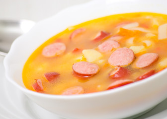 soup with sausage, noodle and vegetables