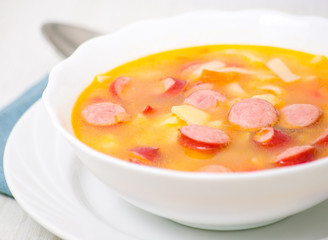 soup with sausage, noodle and vegetables