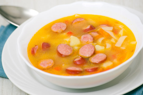 soup with sausage, noodle and vegetables