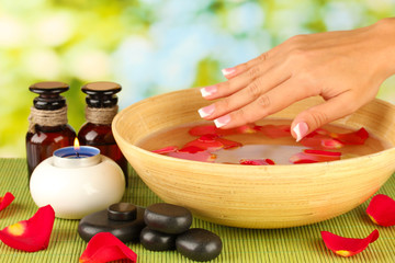 Obraz na płótnie Canvas spa treatments for female hands, on green background