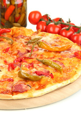 Tasty pepperoni pizza with vegetables on wooden board close-up