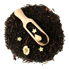 aromatic black dry tea with flowers, isolated on white