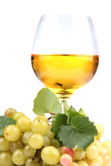 glass of wine and grapes, isolated on white