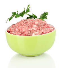 Bowl of raw ground meat isolated on white