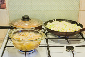 preparation of meal on a gas stove