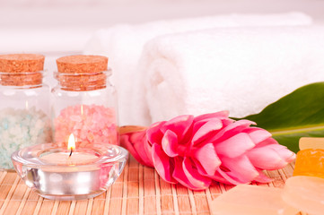 Fototapeta na wymiar Spa concept with ginger flower and bath salts close up