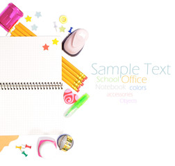 Photo of office and student gear over white background - Back to