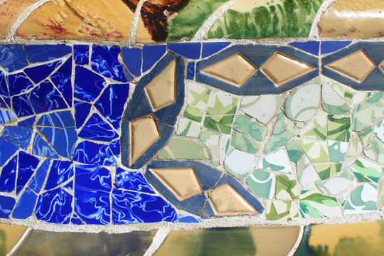 Mosaics decoration at Park Guell in Barcelona, Spain