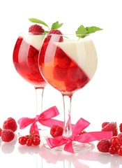 fruit jelly in glasses with raspberries isolated on white