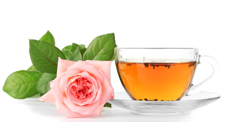 cup of tea with rose isolated on white
