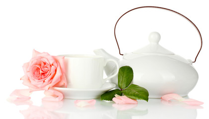 teapot and cup of tea with rose isolated on white