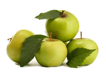 sweet apples with leaves, isolated on white