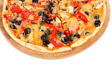 Tasty pizza with vegetables, chicken and olives isolated