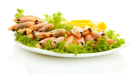 Boiled shrimps with lemon and lettuce leaves