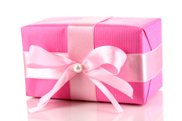 Colorful pink gift with bow isolated on white