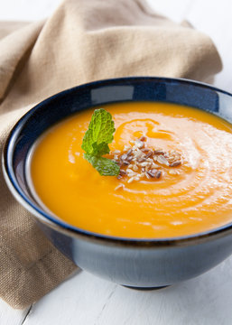 cream of pumpkin with mints and seeds