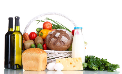 Composition with vegetables and fruits in wicker basket