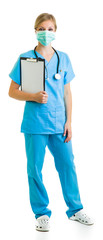 Woman in medical doctor uniform holding clipboard